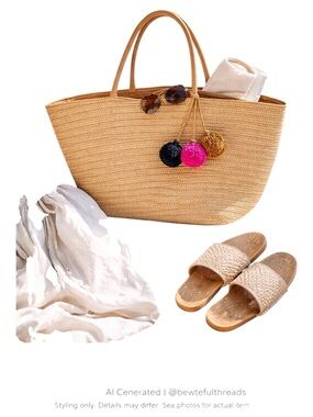 Coastal Straw Tote Pom Pom Beach Bag Oversized Resort Market Shopper